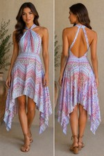 BCBG Maxazria Halter Keyhole Asymmetric Sz 12 Dress Geometric Print Y2K Boho