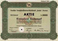 Dampfschifffahrt HANSA 1933 Bremen Neptun Deutsche Bank 1000 RM Reederei Flagge