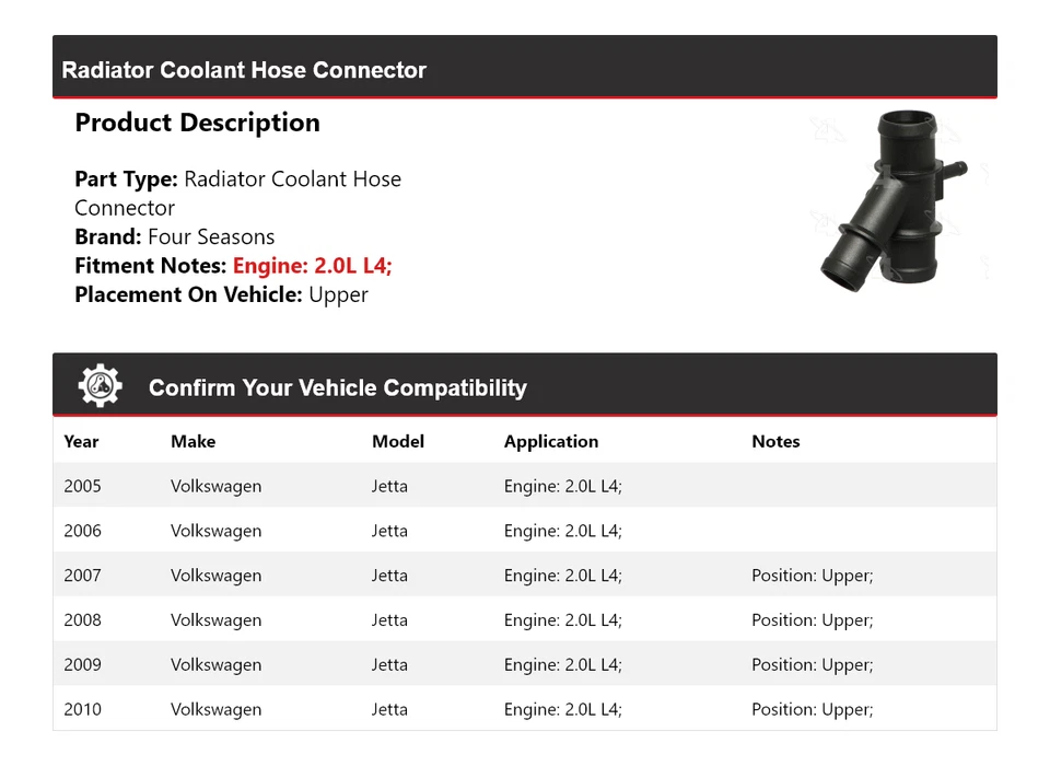 For 2005-2010 Volkswagen Jetta 2.0L L4 Radiator Coolant Hose Connector 4 Seasons - Image 2 of 4