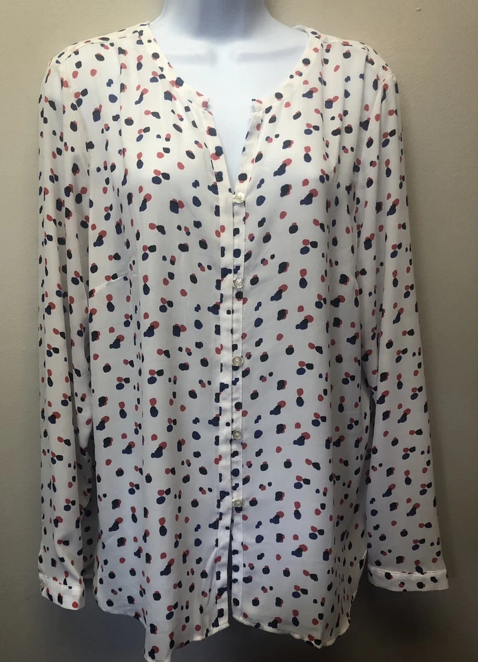 Blusa Top LANDS' END Para Mujer 16 Rojo Blanco Azul Cuello en V Gasa Botón Delantero Foto 4 de 4