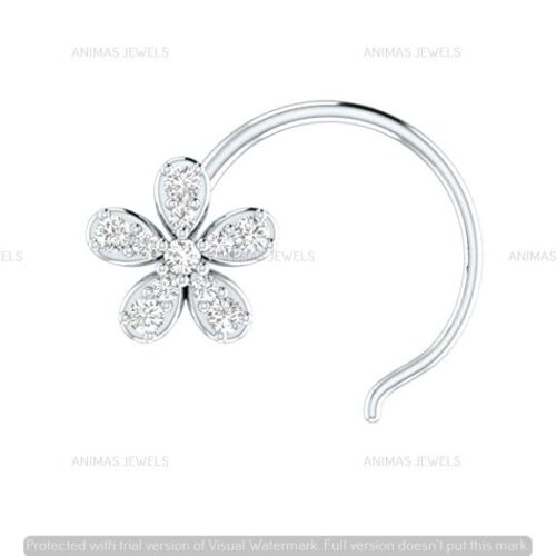 14K White Gold 0.06 Ct Natural Diamond Flower Nose Ring Pin For Women's Jewelry - Picture 1 of 3