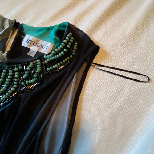 Studio I dress Sz 12 With Beading Around Neck Black Green Flowered Soft - Picture 20 of 21