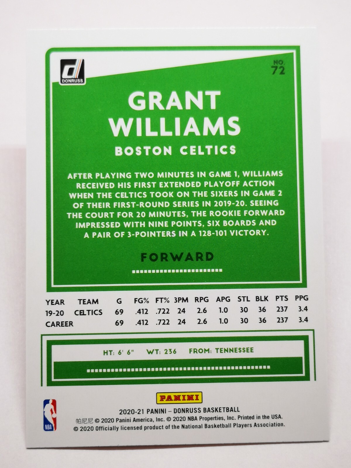 Panini Donruss 202021 N8 NBA trading card base 72 Grant Williams