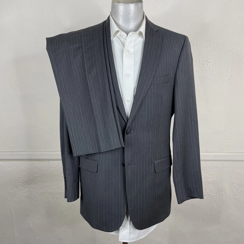 Joseph A Bank 2 Piece Suit Mens 40L 30X33 Slim Fit Gray Stripe Wool - Image 3 of 4