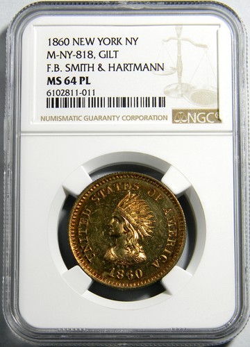 1860 New York NY Smith & Hartman Die Sinkers Gettone NGC MS 64 PL Top Pop (18-12) - Foto 3 di 4