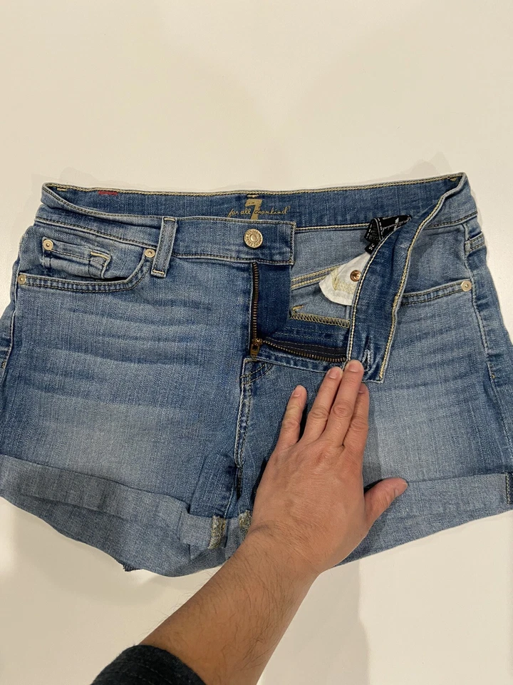 7 For All Mankind Denim Jean Shorts Blue Stretch Womens Size 27” Waist EUC Foto 2 de 4