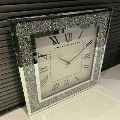 Crushed Jewel Kristall Wanduhr römische Zahl GLAS Diamant Spiegel rund eckig