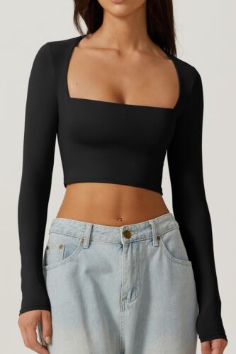 Women's Sexy Square Neck Crop Top Long Sleeve Slim Fit Cropped T Shirts - Picture 3 of 67