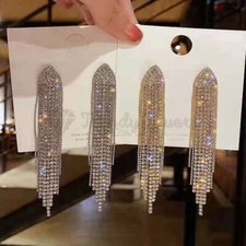 Silver Luxurious Bling Tassel Earrings Crystal Rhinestone Long Drop Earrings