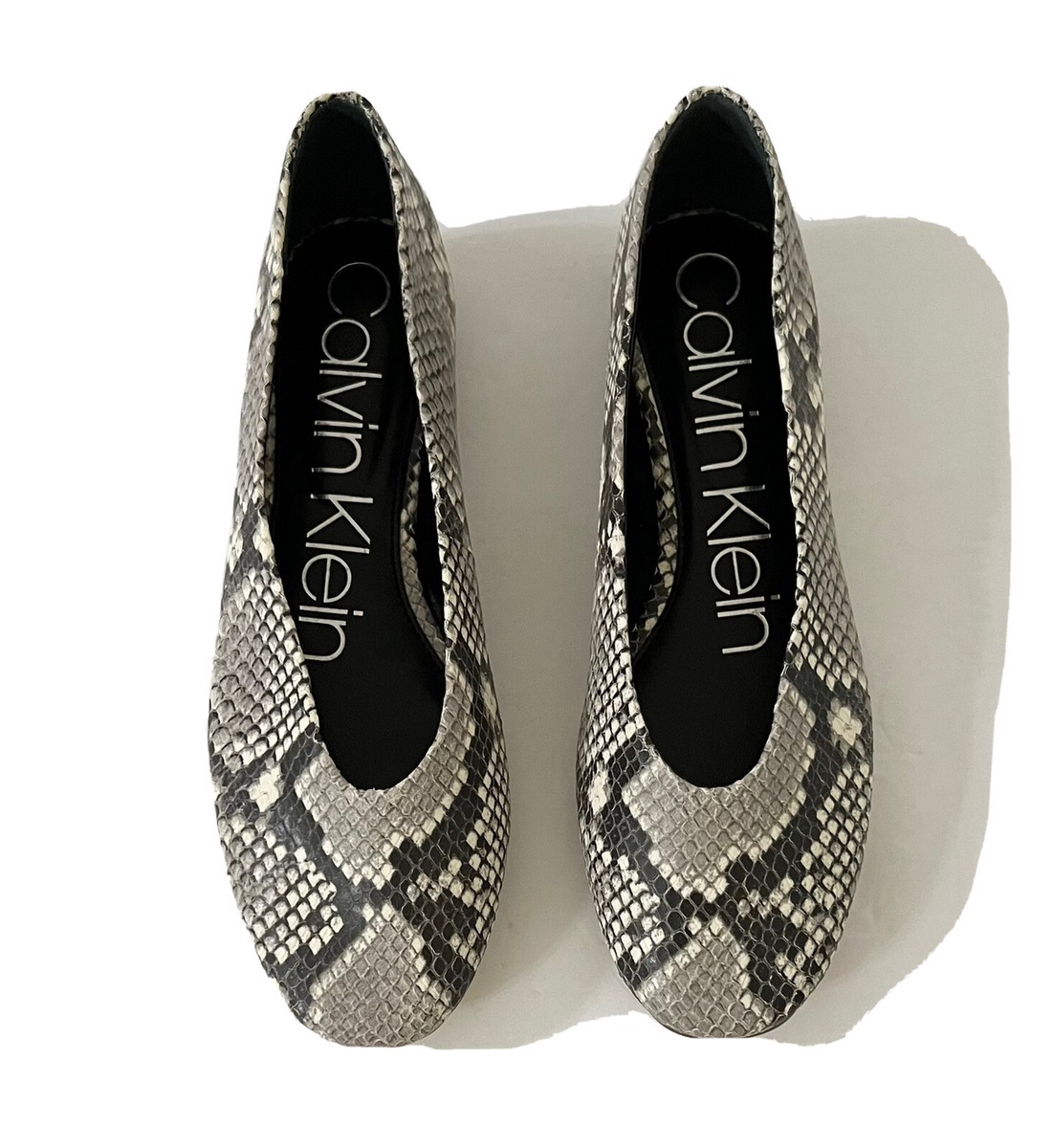 Women CK Calvin Klein Anete Leather Flat Snake Skin Shoes Gray