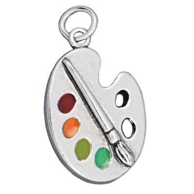 Enamel Artist Painter Color Palette and Brush 925 Solid Sterling Silver Charm