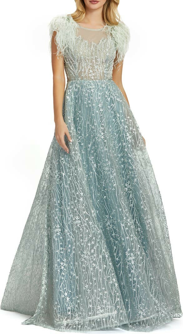 Mac Duggal Women's Size 8 Crystal Lace Feather Sleeve A-Line