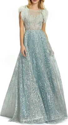 MAC DUGGAL クリスタルネックトランペットガウン Mac Duggal Crystal-Embellished Flutter-Sleeve A-Line Gown
