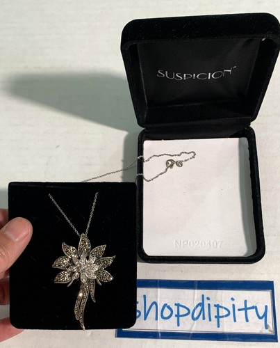 SUSPICION Sterling Silver Marcasite FLORAL PENDANT & Chain NECKLACE Marked 925A - Picture 3 of 12