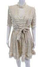 Zimmermann Womens Fit & Flare Mini Dress Beige Short Sleeve High Neck Size 1