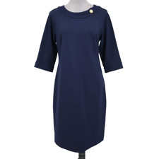 Talbots Dress Womens 8 Navy Blue Shift Stretch Knit Back Zip Button 3/4 Sleeve