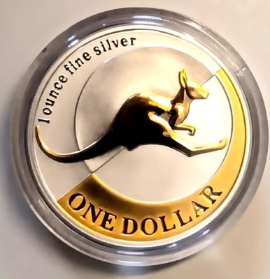2004 Australia 1 oz .999 Silver Kangaroo Gold Plated $1  Coin in Case W/COA