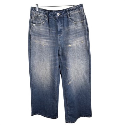 Halara Womens XL Blue Wide Leg Cloudful Denim Pants Distressed High Waist New
