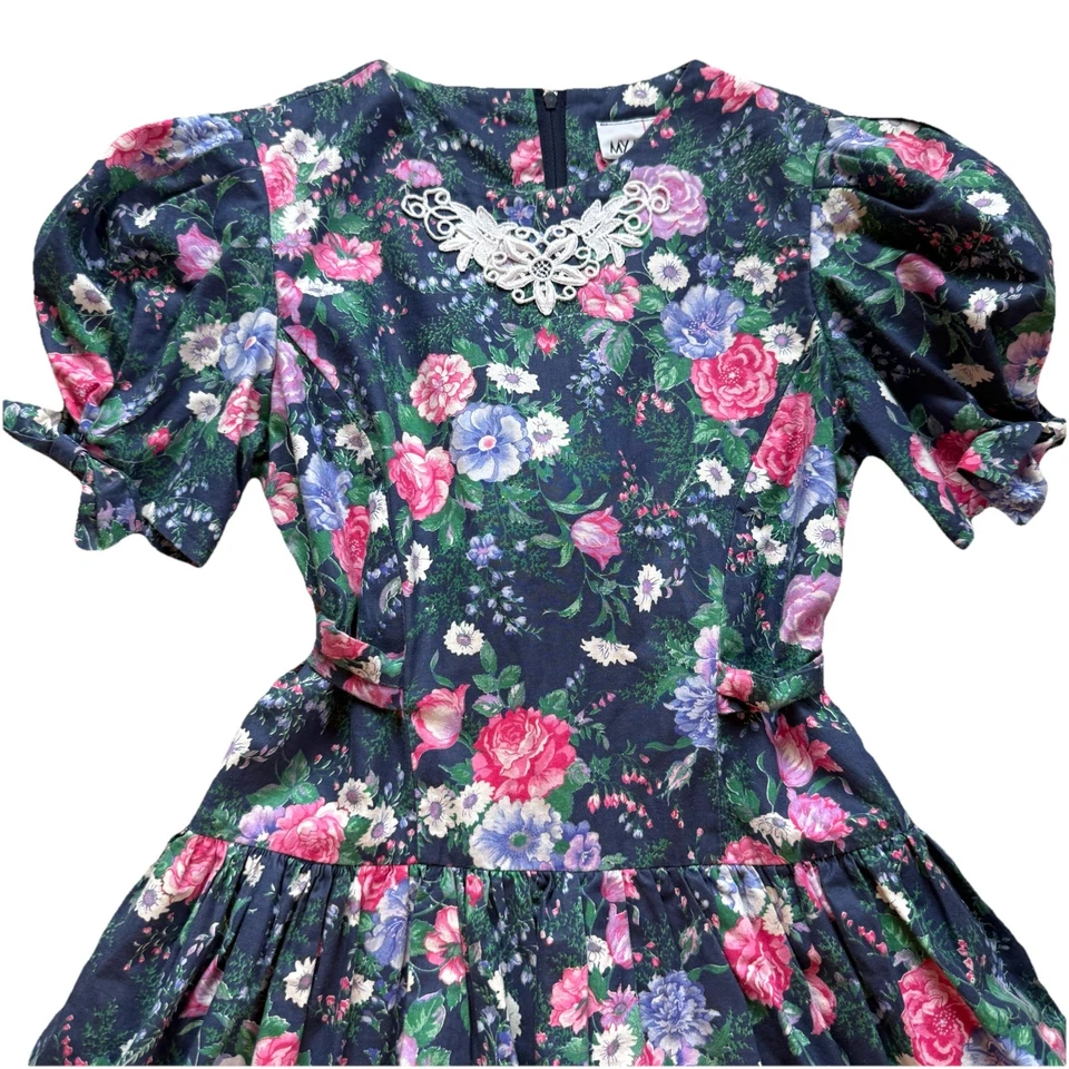 Vestido Cottagecore De Colección Años 90 My Michelle Niñas Azul Floral Manga Abullonada Encaje Talla 10 Foto 2 de 4