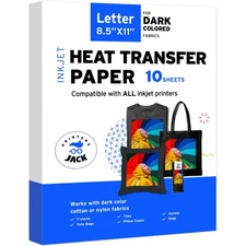 Printers Jack Iron-On Heat Transfer Paper for Dark Fabric 10 Pack 8.5"x11" T-...