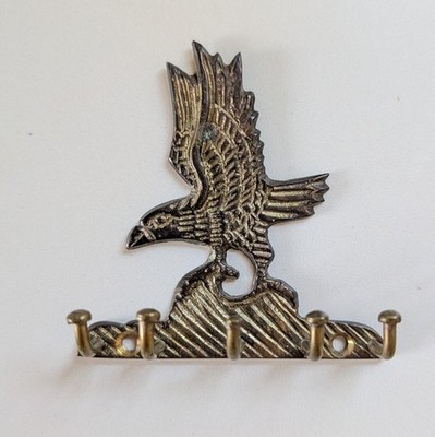 Vintage Solid Brass Bald Eagle Key Holder 5 Hooks 