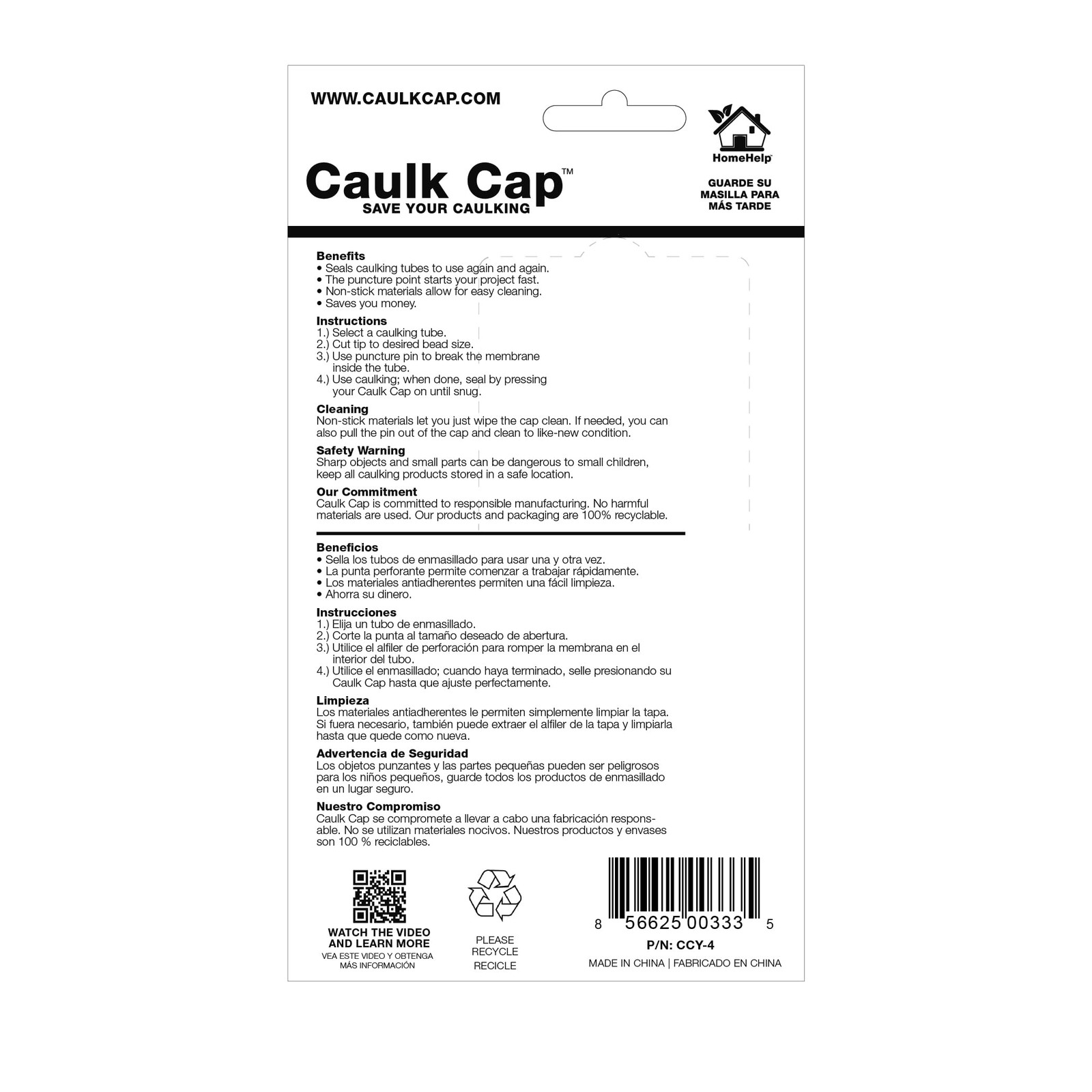 Caulk Cap CCY, Reusable Caulk Tube Sealers with Built-in Puncture Pin, 4 Pack