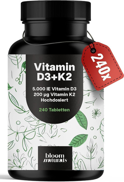 Vitamin D3 + K2 - 240 Tabletten - 5000 IE D3 & 200µG K2 - All-Trans MK7-image