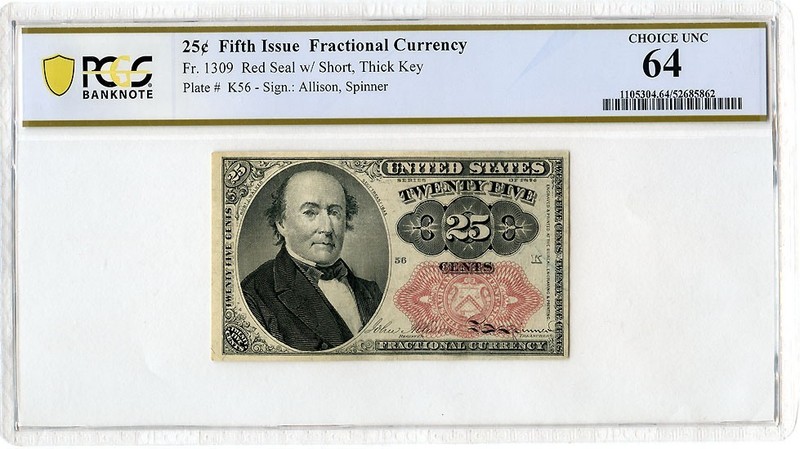 1874 US. FRACTIONAL CURRENCY 25 CENTS NOTE PCGS-CHOICE-UNC-64. Fr.#1309.