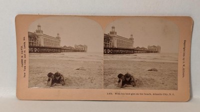 b961, James M Davis Stereoview, #15872, With his best Girl on the Beach, 1903
