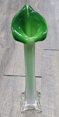  Vintage Mid Century Green Cased Glass Swung Vase   Viking Style Pedestal MCM 