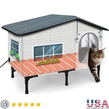 Heated Outdoor Cat House Insulated Waterproof Shelter W/ Dual Exit Doors New