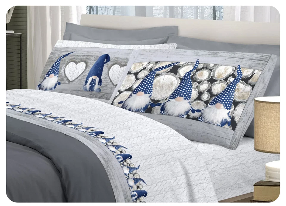 SAVOLTEX COMPLETO LENZUOLA FLANELLA CALDO COTONE GNOMI SHABBY NATALE BLU SINGOLO