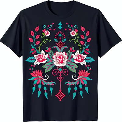 Dark Black T-Shirt with Colorful Floral Design Symmetrical Flower Pattern
