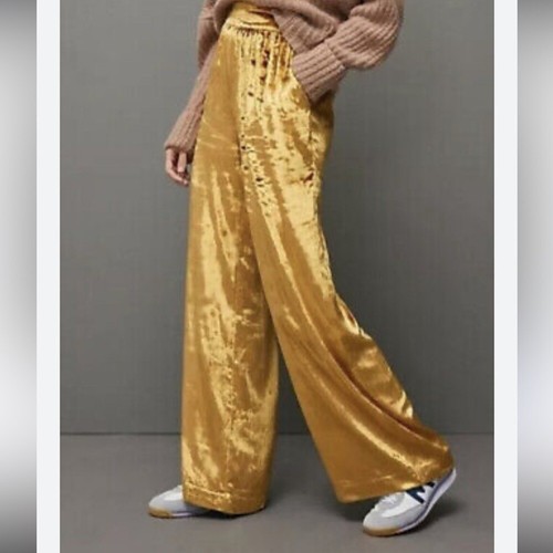 Anthropologie Maeve Anastasia Wide Leg Crushed Velvet Pant Stretch Waist Gold - Picture 2 of 8