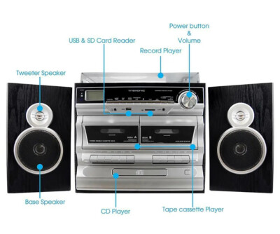 Trexonic 11BS 3-Speed Turntable Dual Cassette CD Player w USB SD
