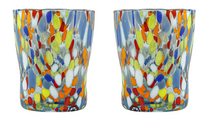 Paar Murano Gläser Trinkbecher hellblau multi Millefiori 10 cm