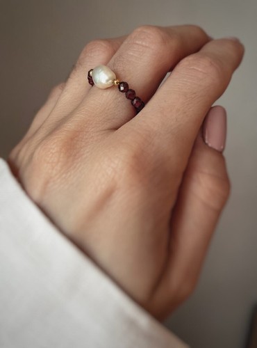 A++ Red Garnet & Peral Faceted Round Gemstone Beaded Adjustable Rings For Women - Picture 3 of 12