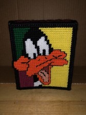 Vintage Handmade Needlepoint Tissue Holder Loony Tunes Daffy Duck 5.75 x 4.5"