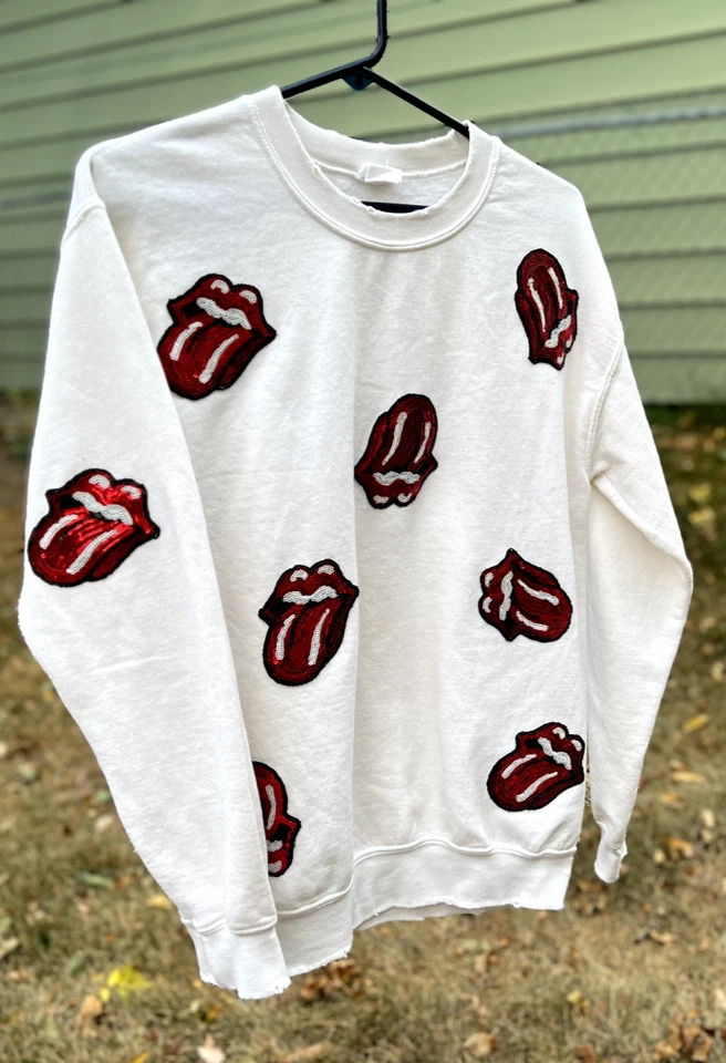 SUDADERA DESGASTADA CON LENTEJUELAS ROLLING STONES RARA USADA XS punk rocker 19" pit Foto 3 de 4