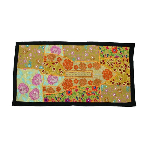 Chemin De Table Ou Tenture Murale Indienne - Patchwork Brodé Fait Main 60 Pouces