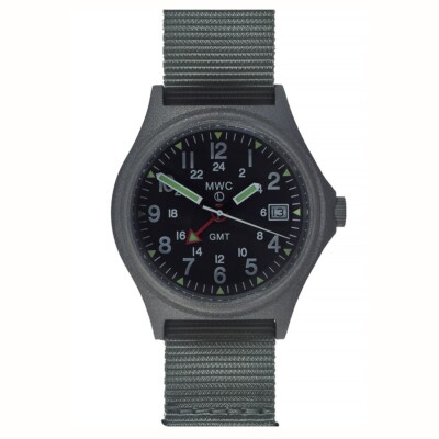 MWC GMT (Dual Time Zone) Quarz Stahl Datum Stoff Schwarz Grau Herrenuhr