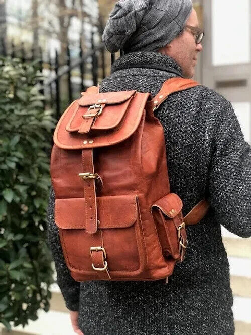 Vintage Brown Genuine Leather Messenger Bag Travel Rucksack Backpack