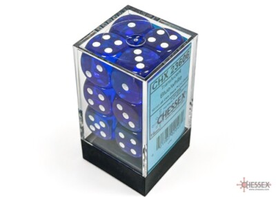 Chessex d6 16mm 12 Dice Set Translucent Blue with White Pips die block CHX23606