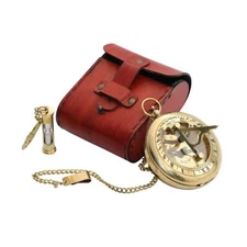 BAZROSS Vintage Brass Sundial Compass with Leather Case - Antique Brass & Cop...