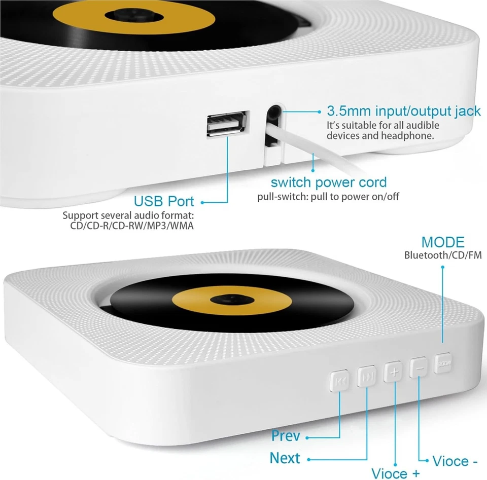 CD Player mit Bluetooth Tragbarer Wandmontage: USB MP3 Musik CD Players - Bild 2 von 4