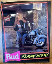 Vintage Budweiser Poster Playin In PA Bud Light Bar 1991 Hot Girl Motorcycle 90s