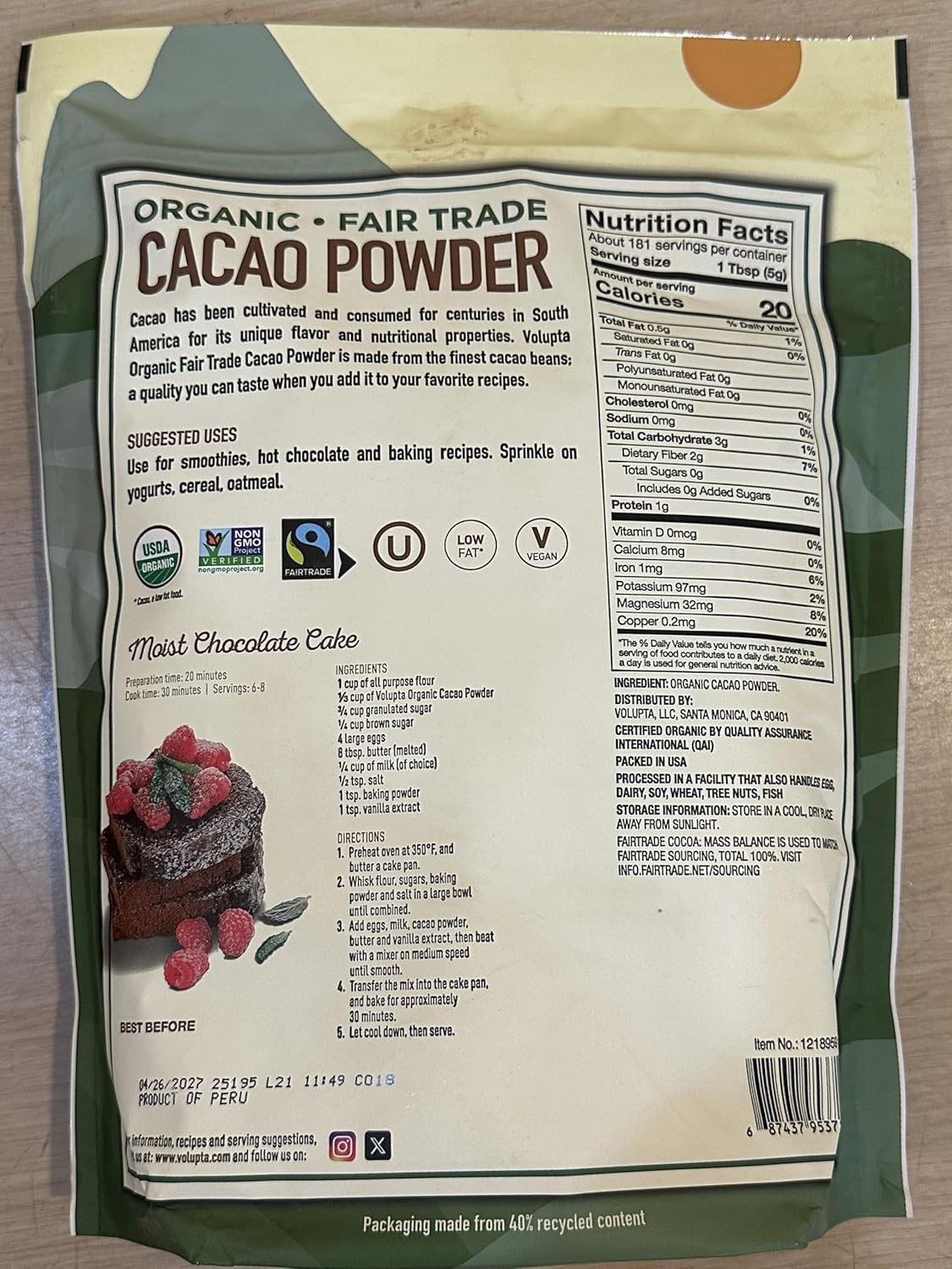 Volupta Organic & Fair Trade Unsweetened Super Food Cacao Powder, 32 Oz (Pack 1)