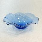 BLENKO Vintage 2000s Azure(?) Blue Glass Bowl Big Crackle Ruffled Fluted Sticker