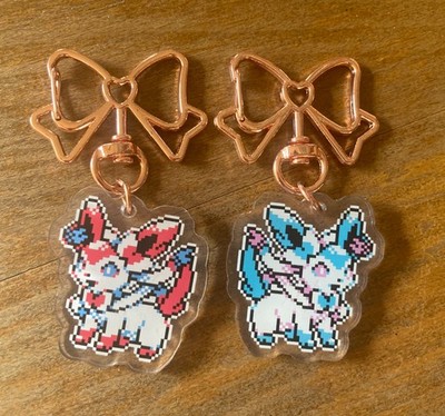 Sylveon Pokémon Pixel Sprite Acrylic Double Sided Bow Keychain - Lazarus Sprite