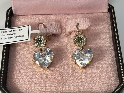 VTG Juicy Couture Gold Plated Faceted Heart Drop Dangle CZ Earrings New in Box - Picture 2 of 10